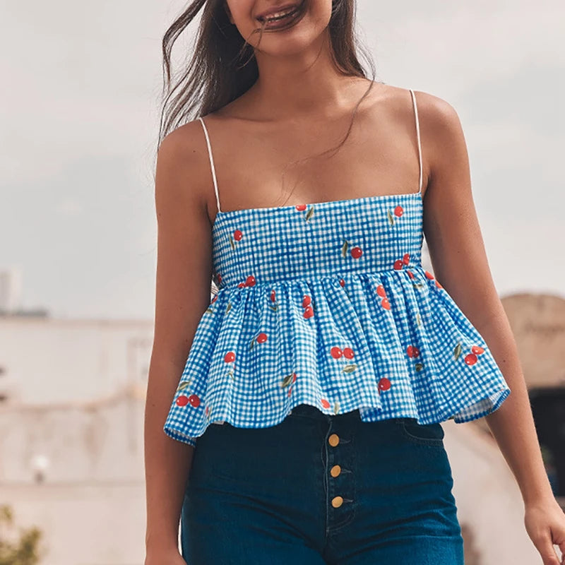 Fairycore Backless Tie Up Crop Tops Cherry Plaid Peplum Camisole Sweet Cute Milkmaid Tank Vest