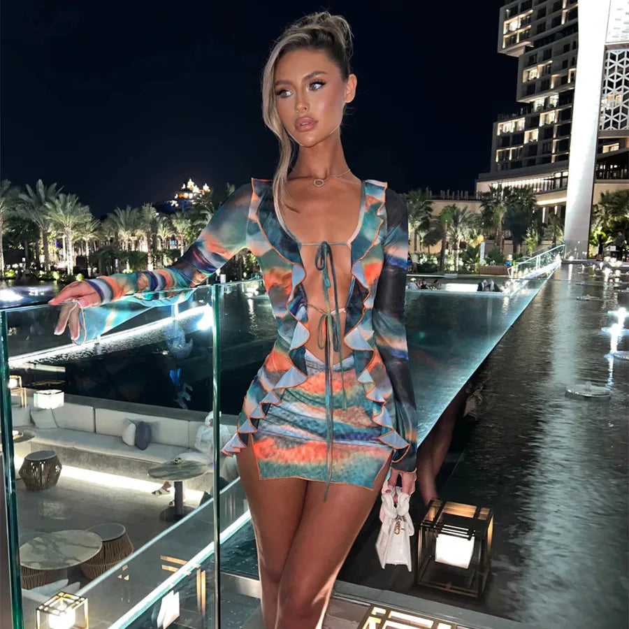 Ruffle Mini Dress Deep V Neck Cutout Mesh See Through Bodycon Short Dress Tie Dye Sundress