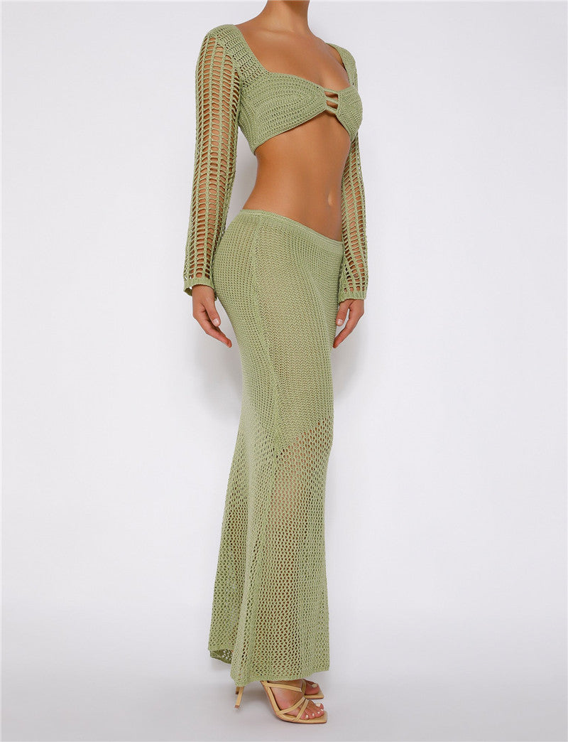 Crochet Knit 2 Piece Skirt Set Hollow Out Crop Top Long Sleeve Backless Tie Up Bodycon Dress
