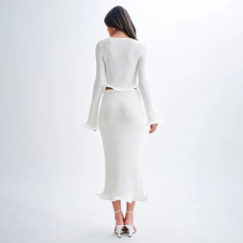 Knitt Skirt Suit Cut Out Cardigan Top Long Slim Skirt Two Piece Set