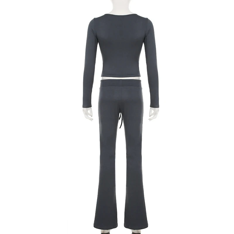 V-neck Top Full Length Pants Drawstring Suits Simple Slim Long Sleeves Low Waist