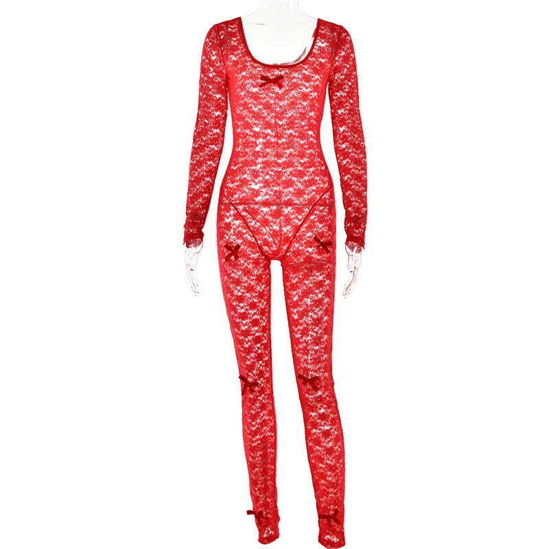 Lace Transparent Thin Solid Jumpsuit Long Sleeve Slim Fit Sheer Night Street Jumpsuit