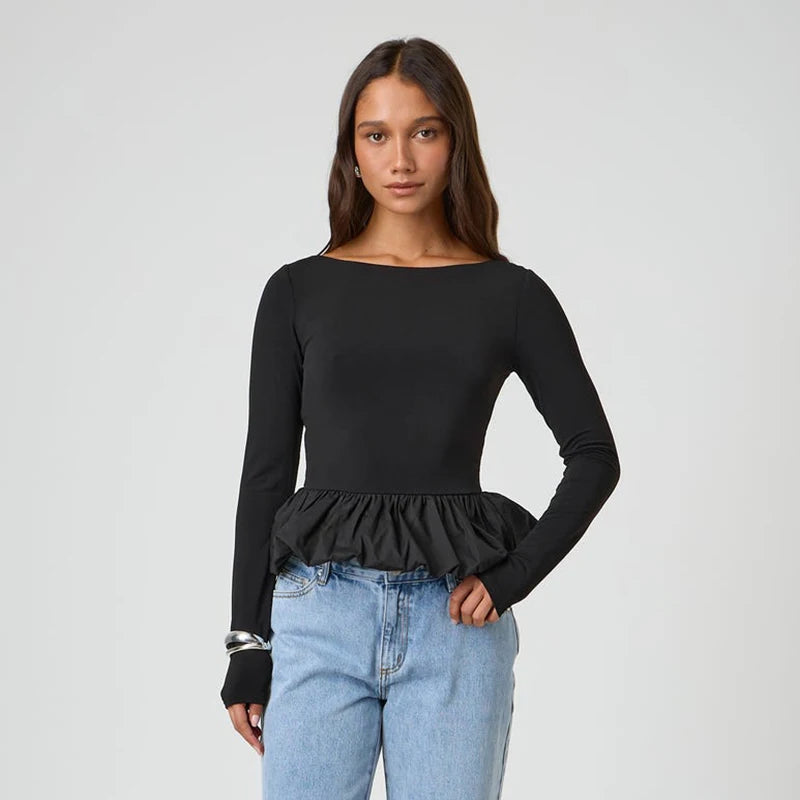 Round Neck Top Long Sleeve Slim Fit Mini Puffy Hem Deign Top