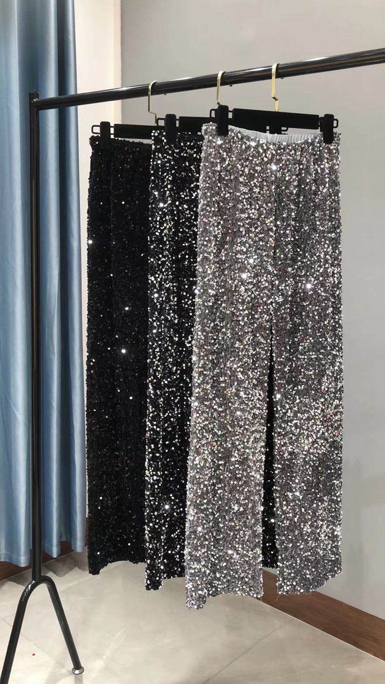 The Trendy Sparkling Gold Pants Relaxation of Tall Waist Wide-legged Pants South Korean