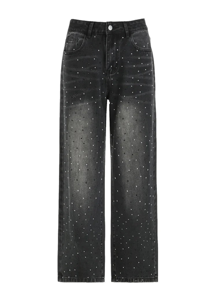 Rhinestone Loose Jeans Low Waisted Pockets Zipper Pants Bottoms