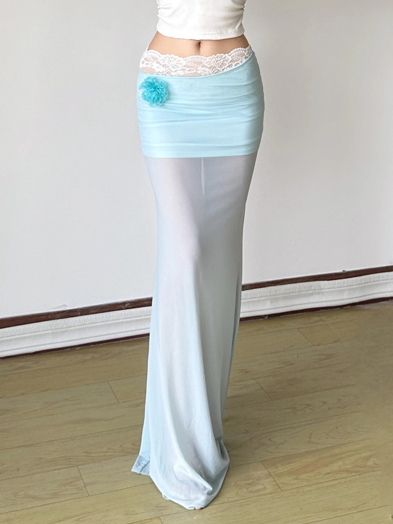 See Through Lace Mesh Skirt Slim Low-Waisted Maxi Skirt