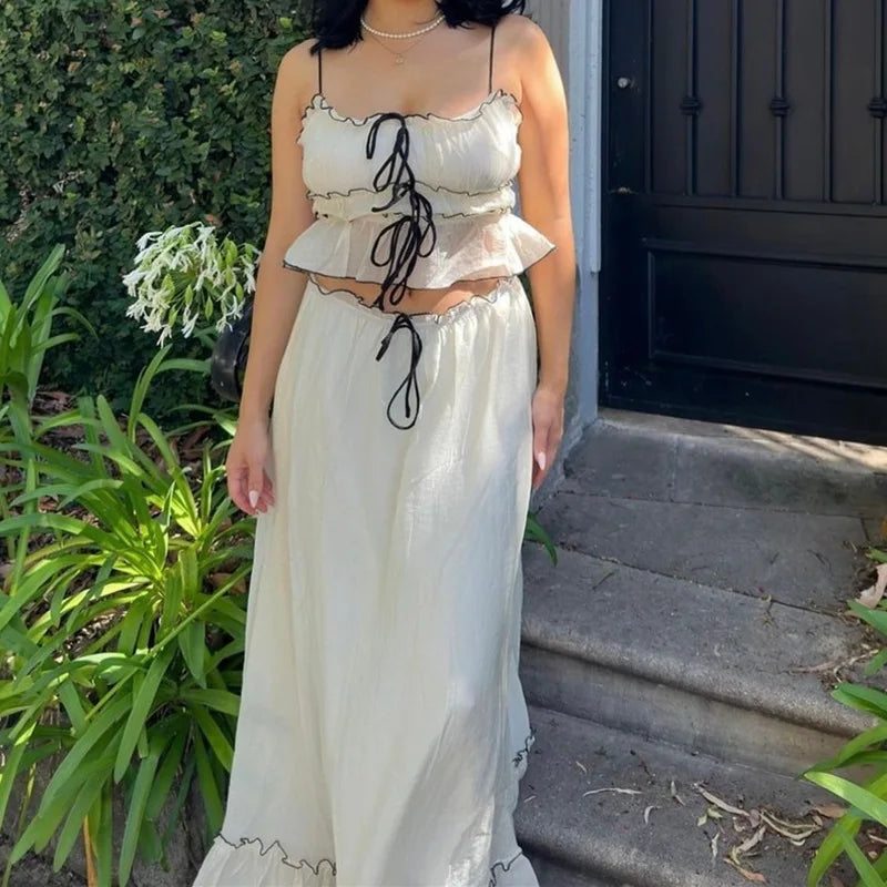 White Mesh See-Through Top and Maxi Skirt Set