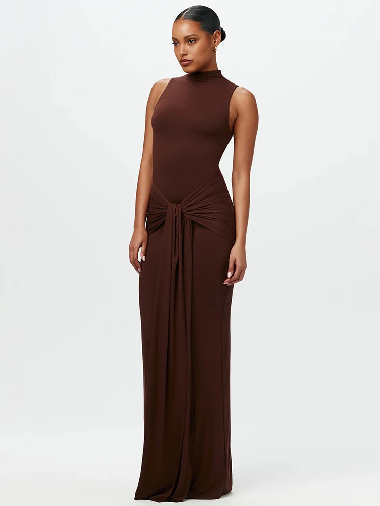 Half High Collar Irregular Tank Dress Sleeveless Bodycon Ruched Long Dress