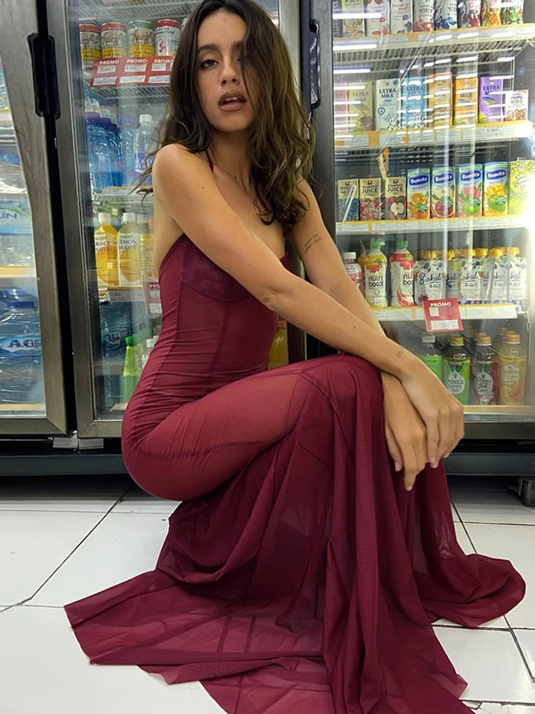 Meh Maxi Dress Claic See Through Halter Lace Up Backless Sheath Long Banquet