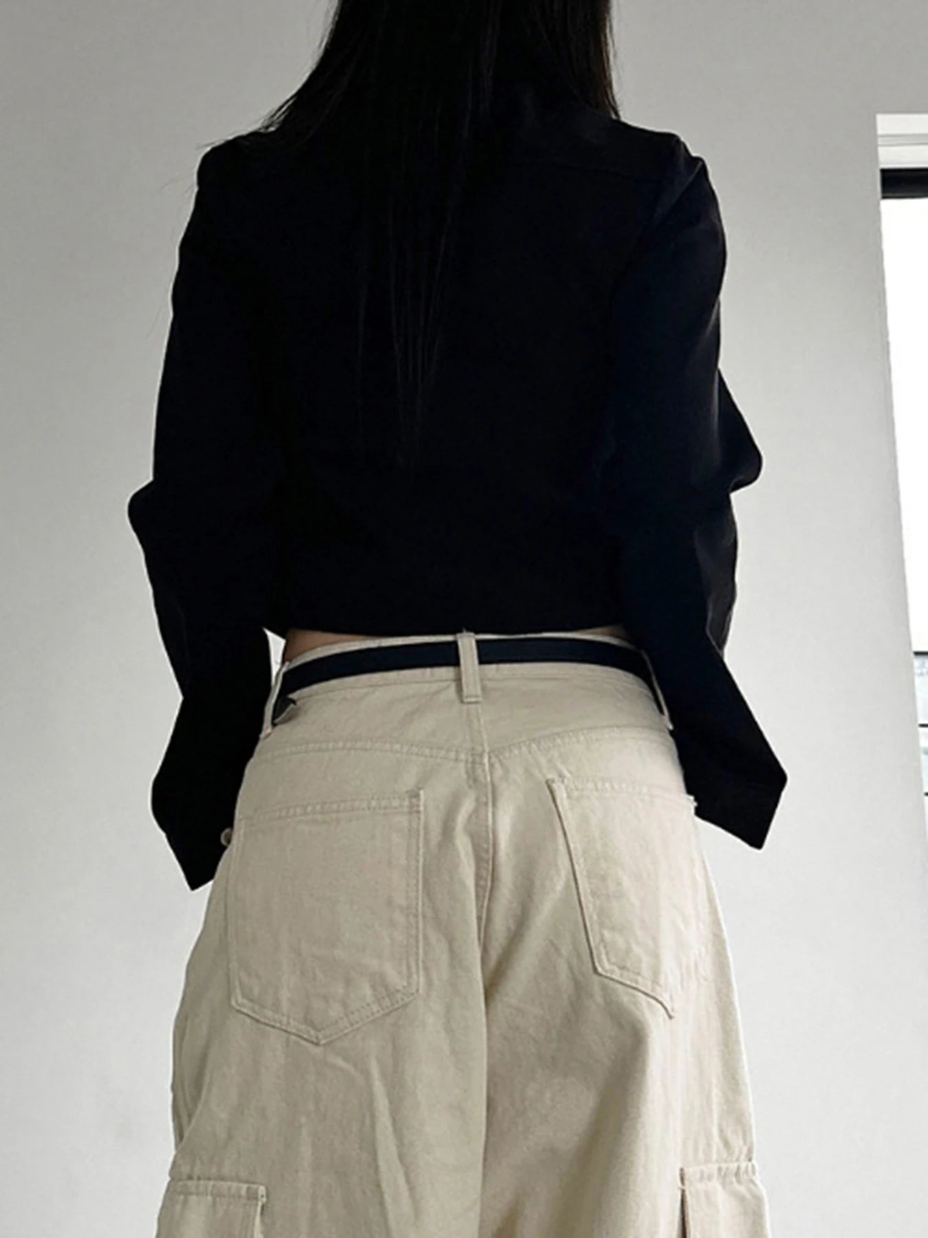 's Rivet Jacket Black Zip-Up with Pockets Long Sleeve Coats Cropped Design