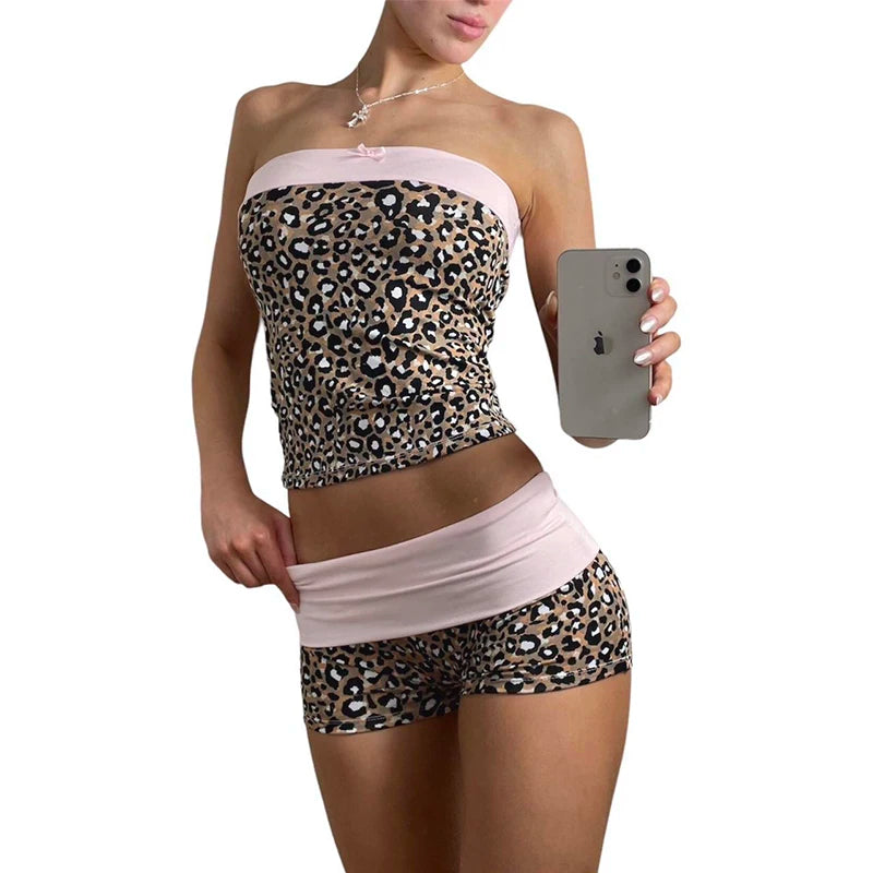Leopard Patchwork Slim Two Piece of Set Tube Top and Low Wait Short Suit