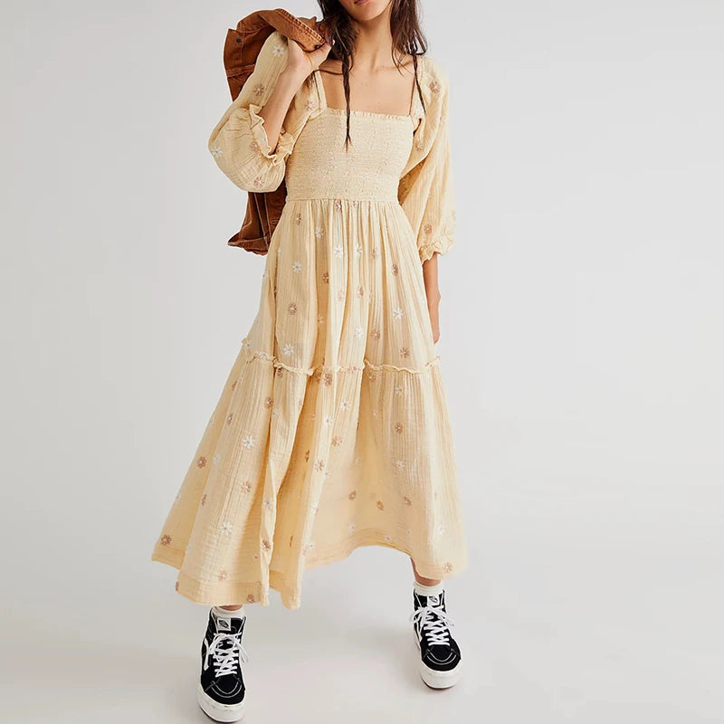 Ruffle Swing A Line Maxi Dress Bohemian Floral Dress Square Neck Long Sleeve Dress