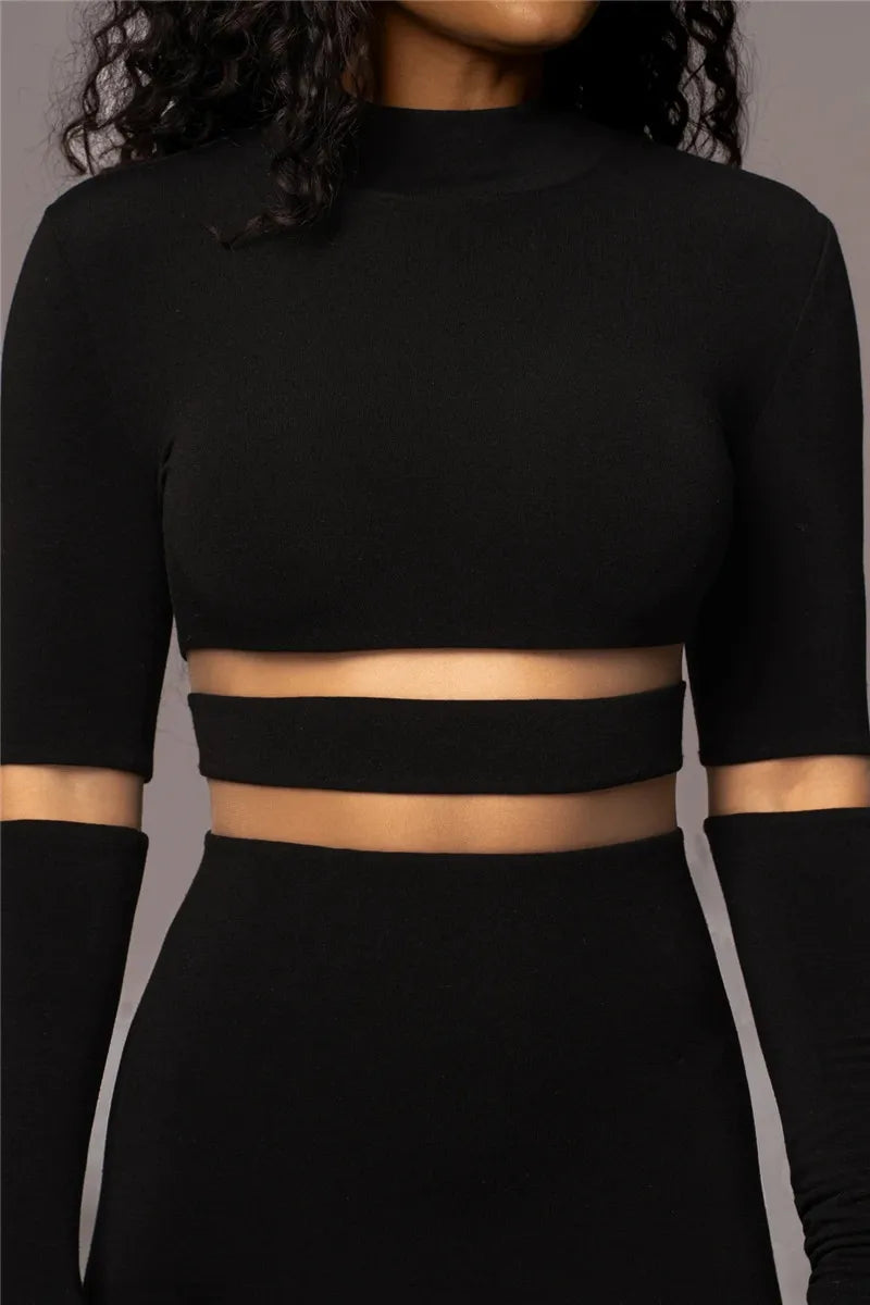 Patchwork Bodycon Midi Dress Turtleneck Long Sleeve Dress