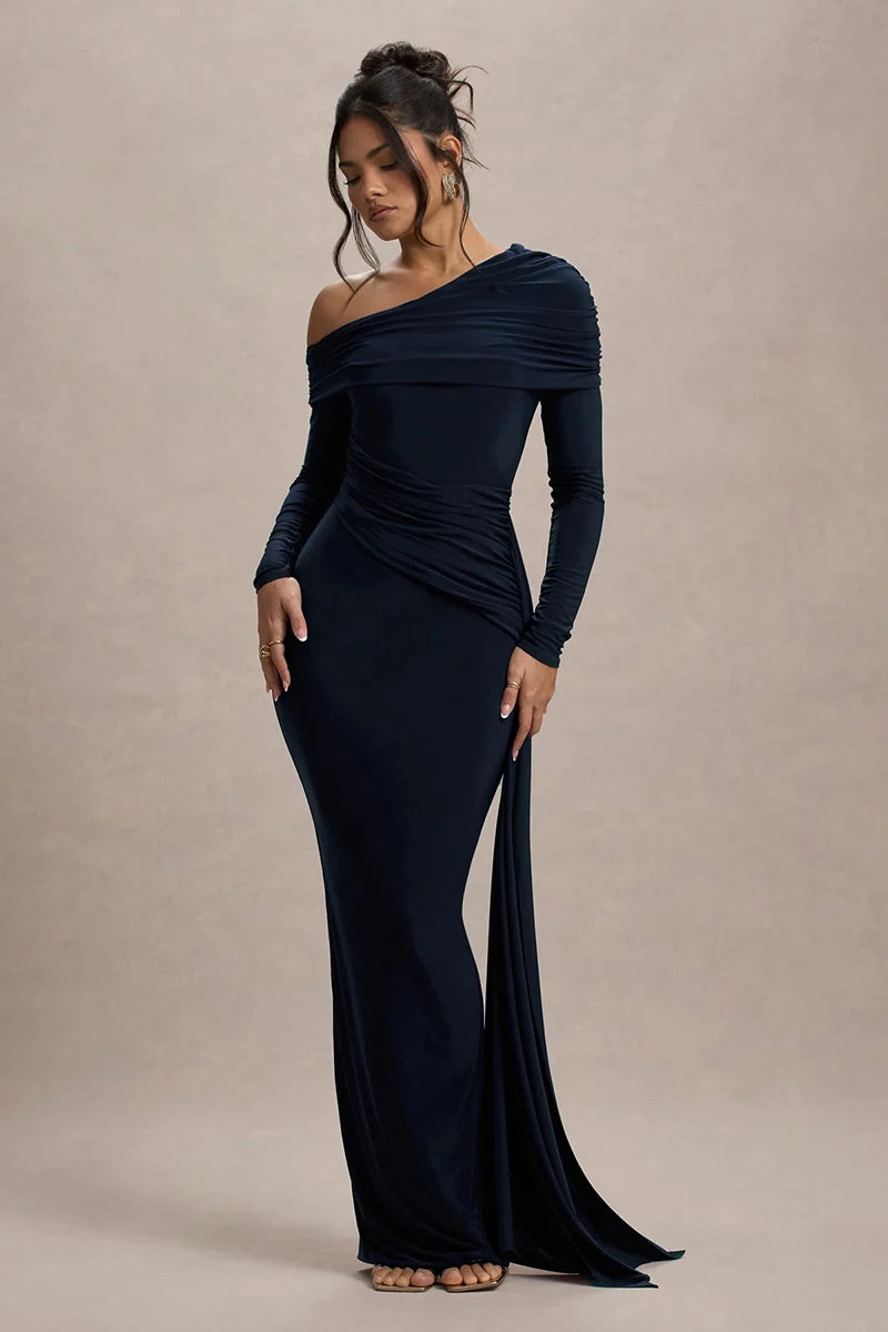 Skew Collar Long Sleeve Maxi Dress Gown Backless Draped Ruched Bodycon Long Dress