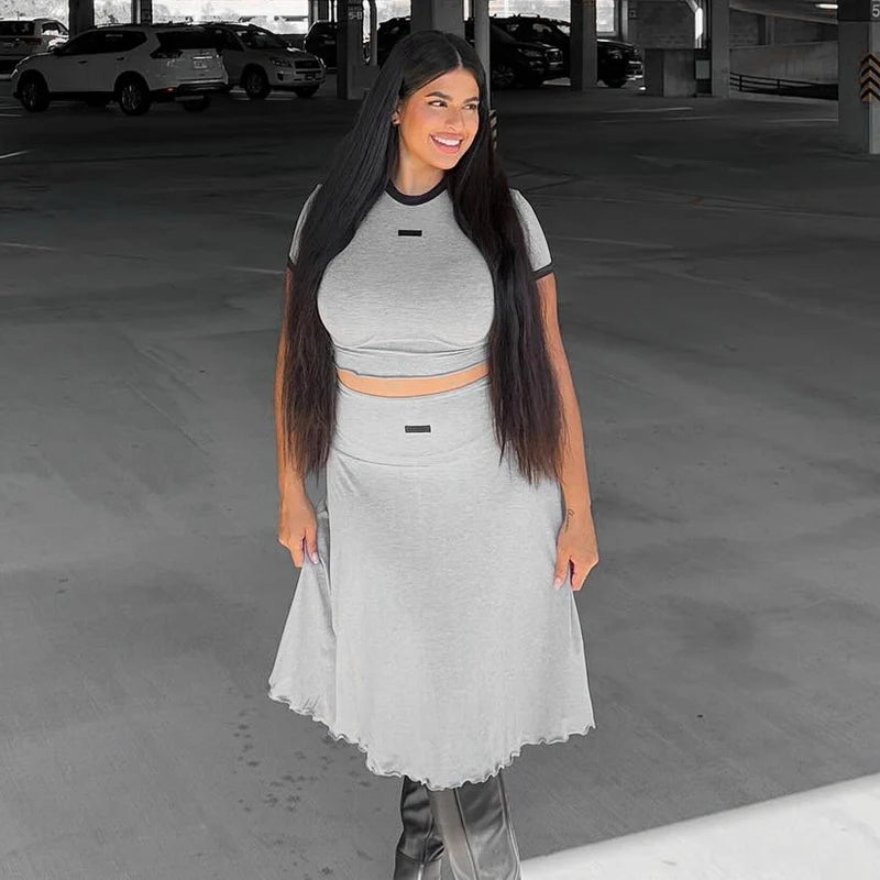 Half Skirt Set Round Neck Pullover Expo Navel Short-Sleev Top Roll Wait Pleat Mium Skirt Set
