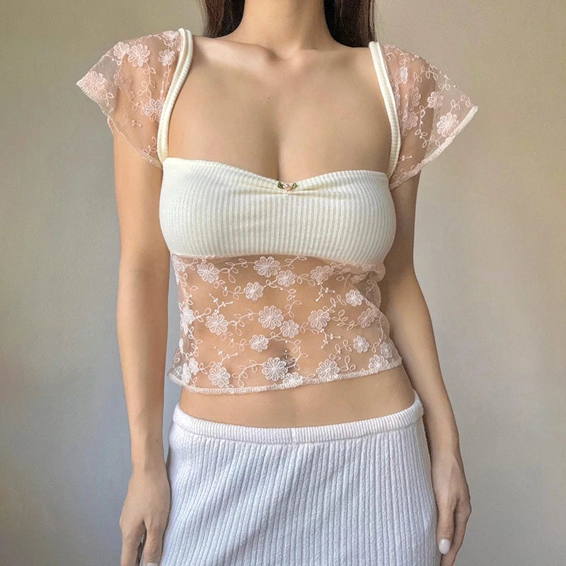 Lace Patchwork Kawaii Sweet T Shirt Short Sleeve Crop Top