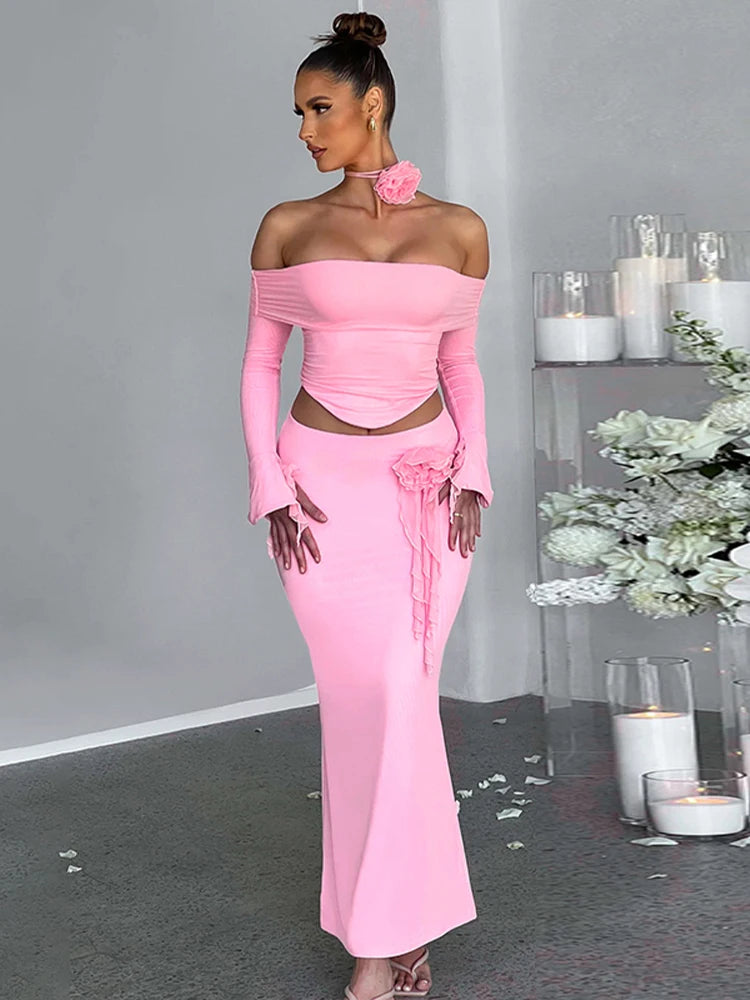 3D Flower Off Shoulder Crop Top Maxi Skirt Set