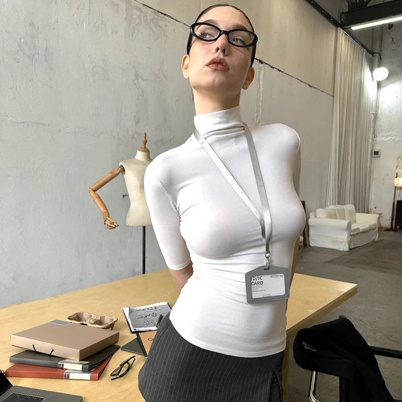Spring And 'S Color High Neck Half-Sleeved Tight Slim al T-Shirt Top Commuter