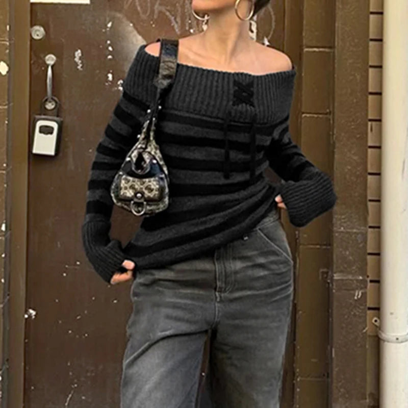 Slash Neck Striped Knitted Sweaters Patchwork Pullovers HArajuku Grunge 's Top