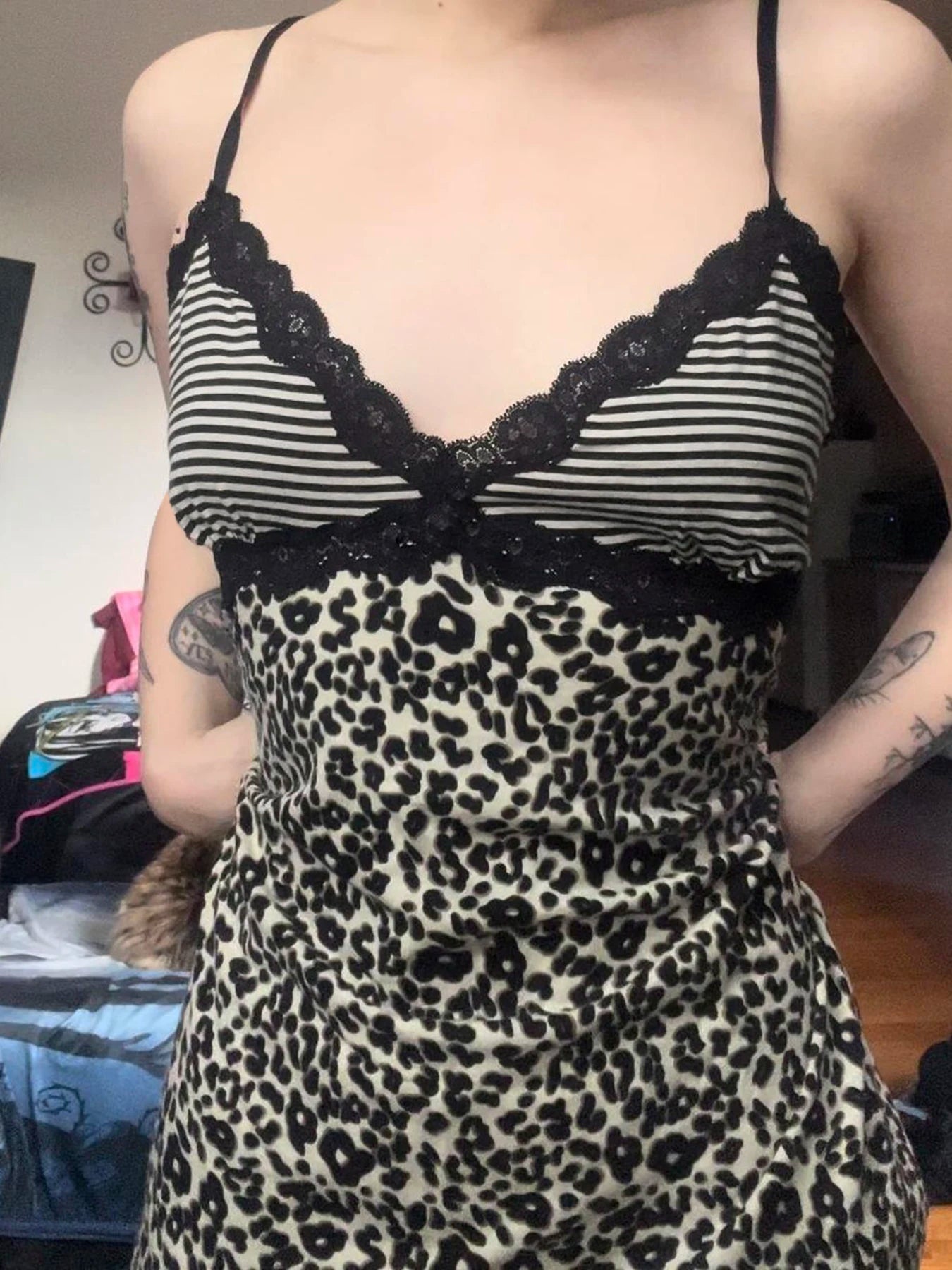 Striped Leopard Print Slim Camisole V-Neck Backless Top Lace Patchwork Retro Bow Vest