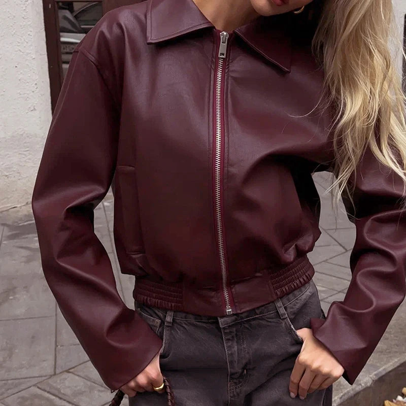 Biker Wind Leather Jacket Long-Sleev Zipper Jacket Looe Cardigan Jacket
