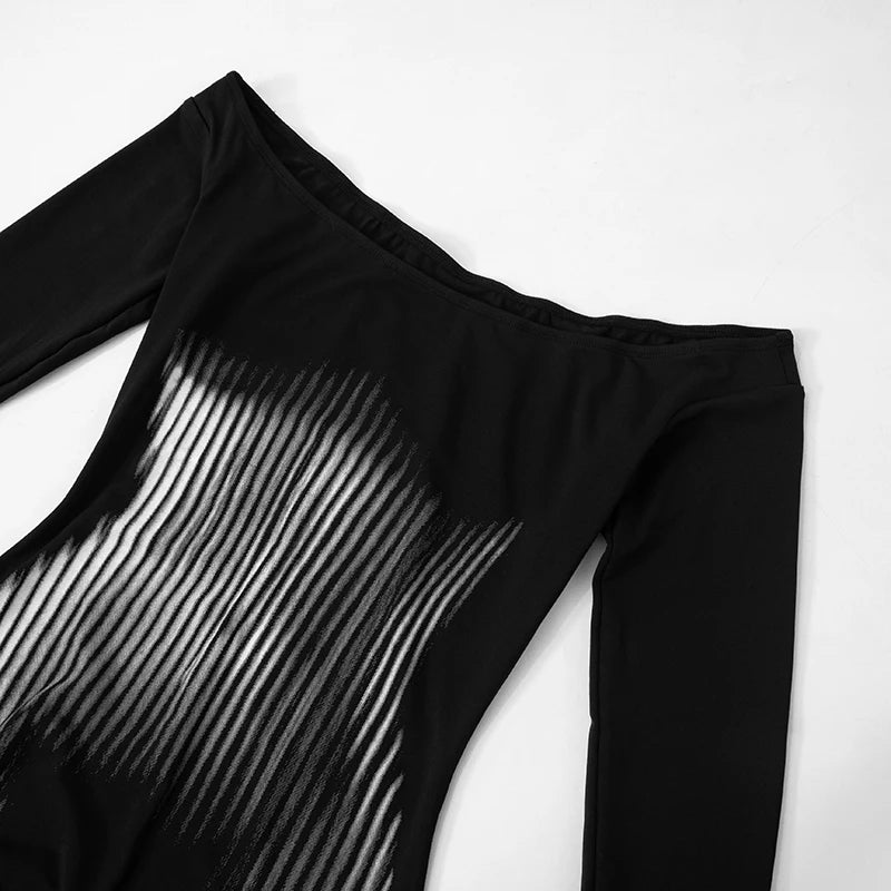 Square Collar Long Sleeve Dress High Waist Abstract Stripe Body Dress Wrap Mermaid Dres