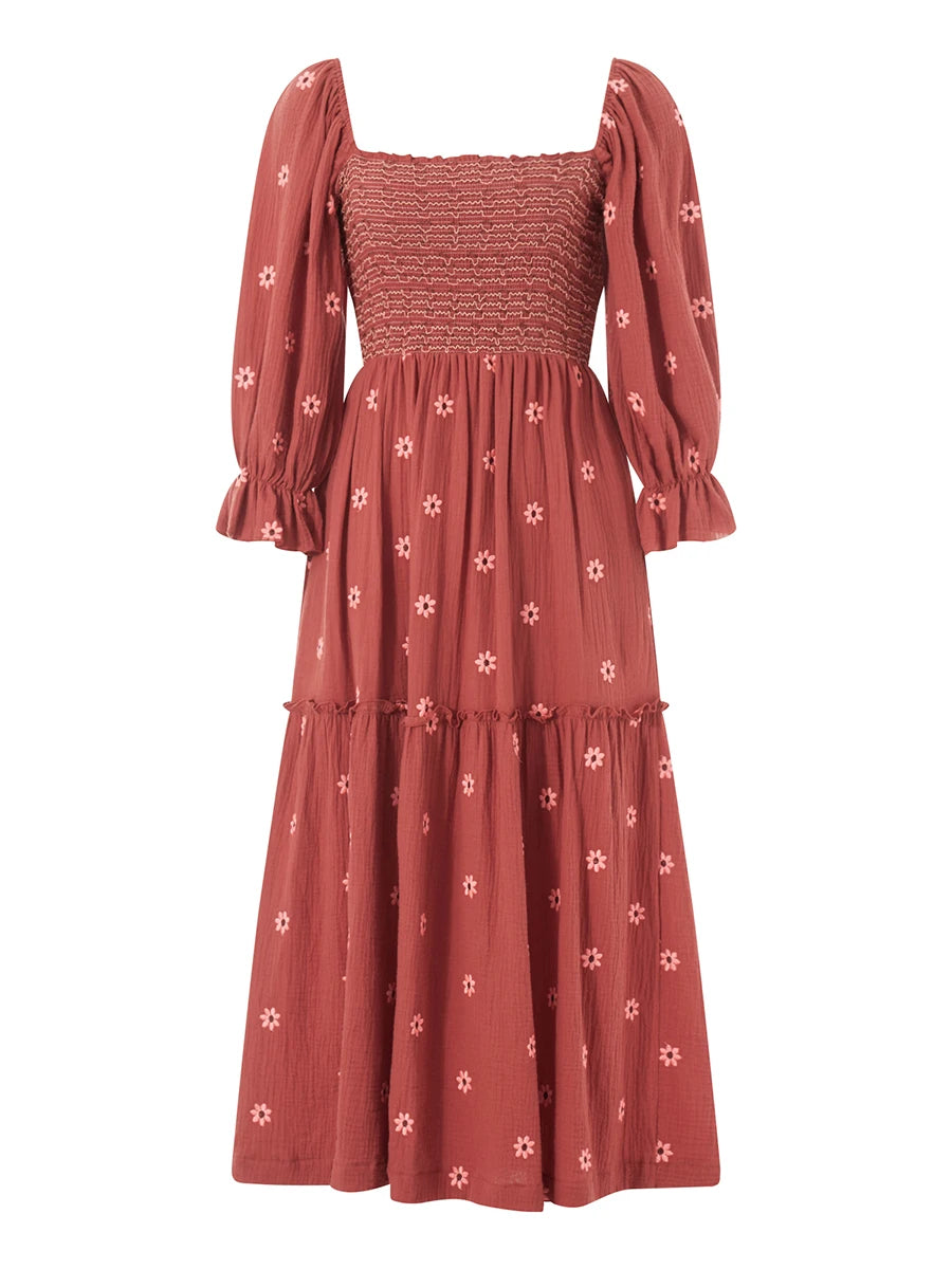 Ruffle Swing A Line Maxi Dress Bohemian Floral Dress Square Neck Long Sleeve Dress