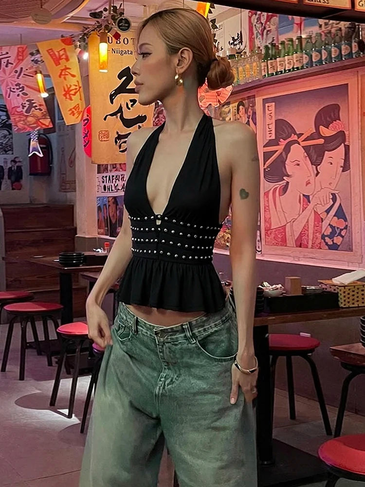 Black Backless V-Neck Halter Top