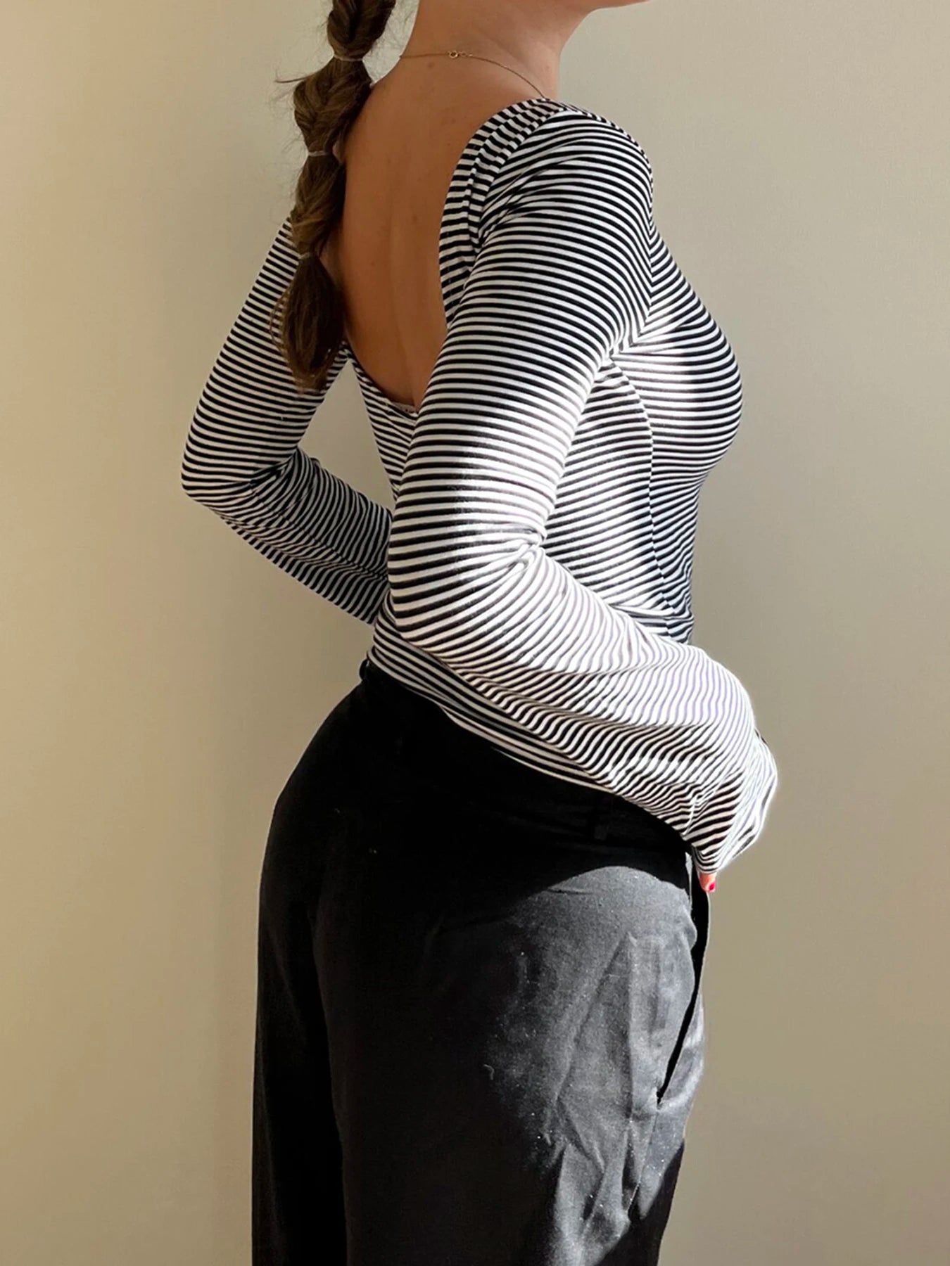 Strip Crewneck Top Backless Long Sleeve Slim Shirt Tee