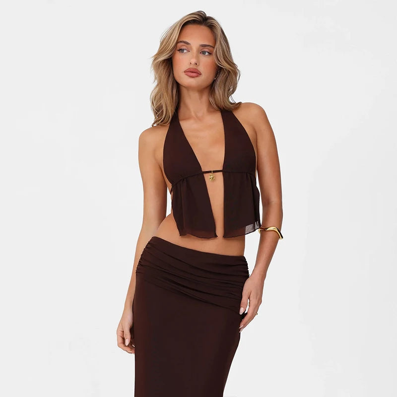 Two Pirce Sets Off Shoulder Backless Sleeveless Halter Top With Slim Long Skirt Suits