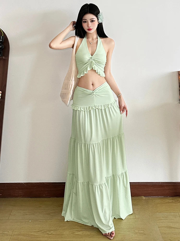 Two Piece Set Halter Backless Crop Camisole Waist Ruffles Long Skirt Ruched Street Suits