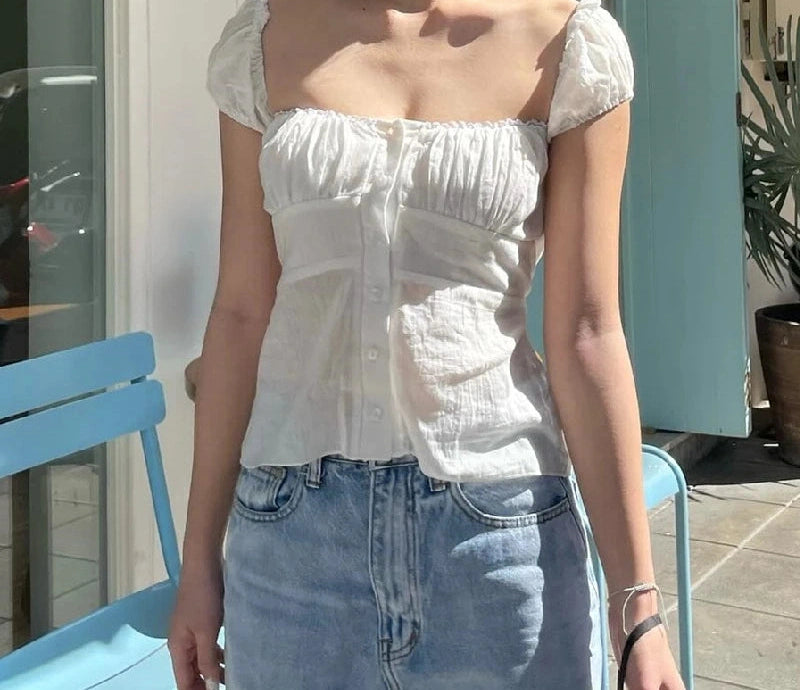 White Backless Square Neck Button Top