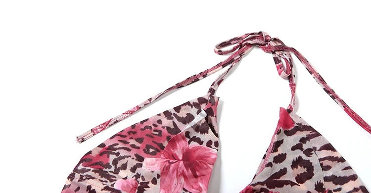 Flower Print Two Piece Set Halter Ruffles Low-Neck Backless Crop Top Skinny Panst Suits