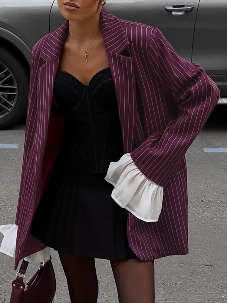 Patchwork Notched Collar Lace Blazer Flare Sleeve Single Breasted Jacket Femme Loose Coat