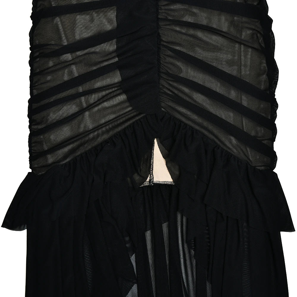 Mesh Patchwork Ruffle Edge Double Layered Dress For Bodycon Zipper Tight Dress