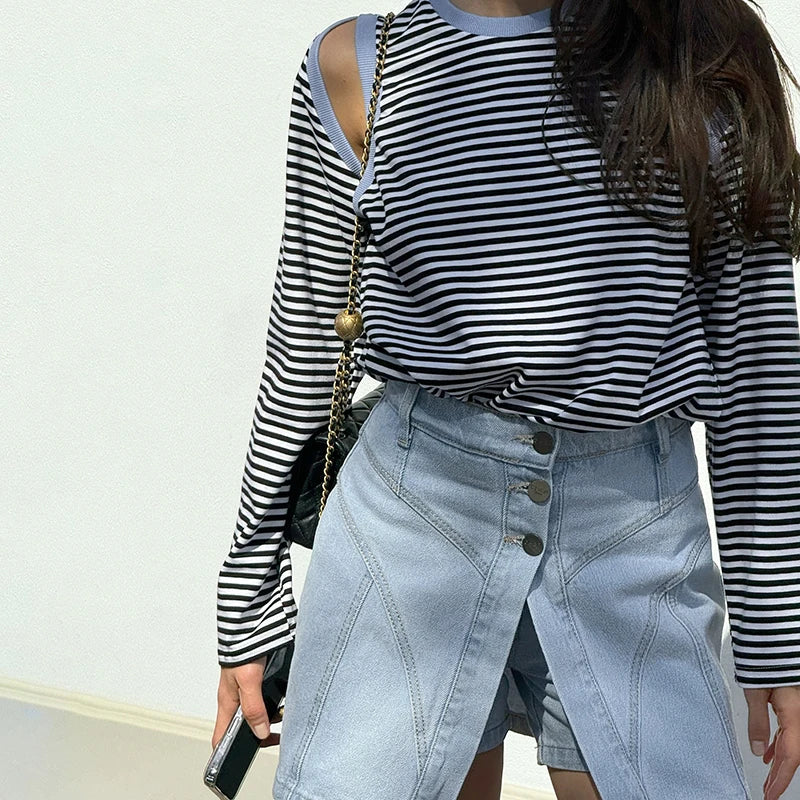 Strip Contrast Off-Shoulder Long Sleeve Top