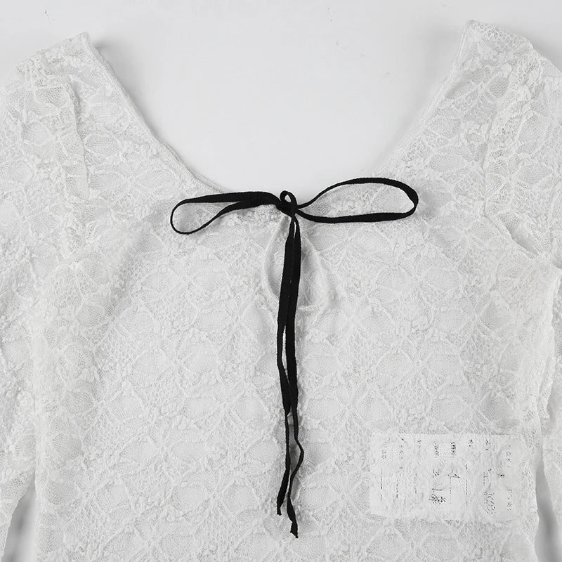 Crewneck See-through Lace Tee Shirt Long Sleeve Top