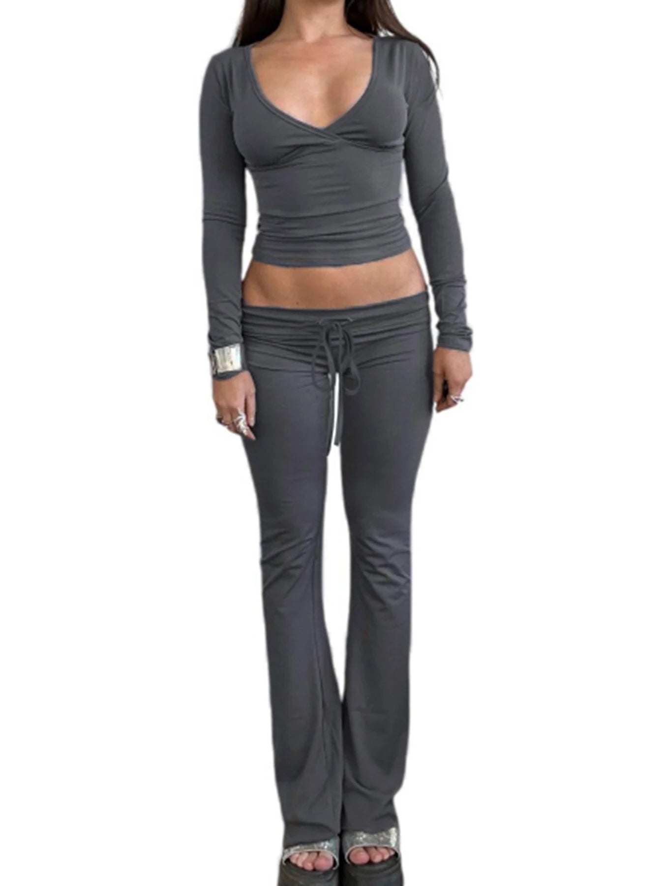 V-neck Top Full Length Pants Drawstring Suits Simple Slim Long Sleeves Low Waist