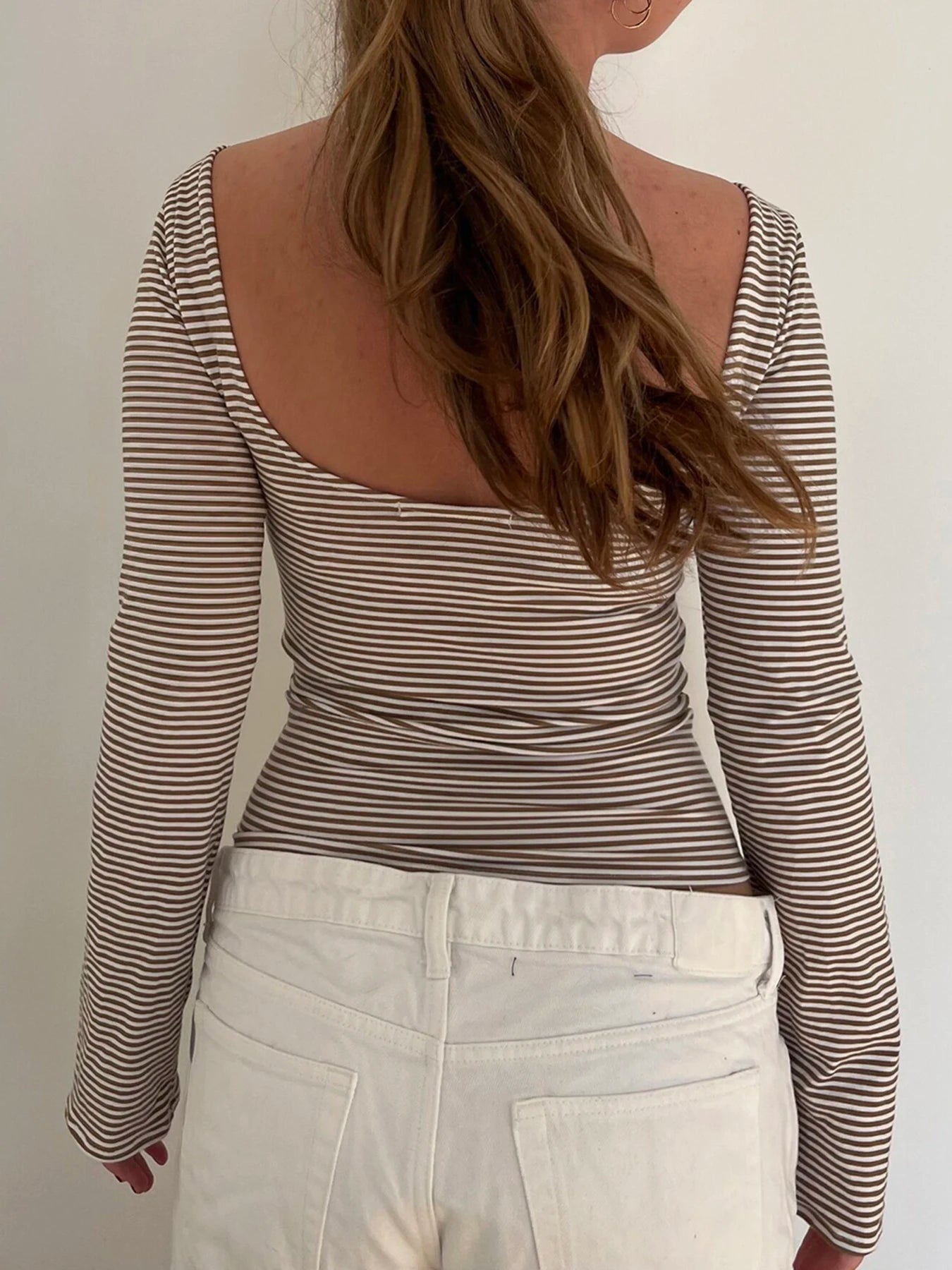 Strip Crewneck Top Backless Long Sleeve Slim Shirt Tee