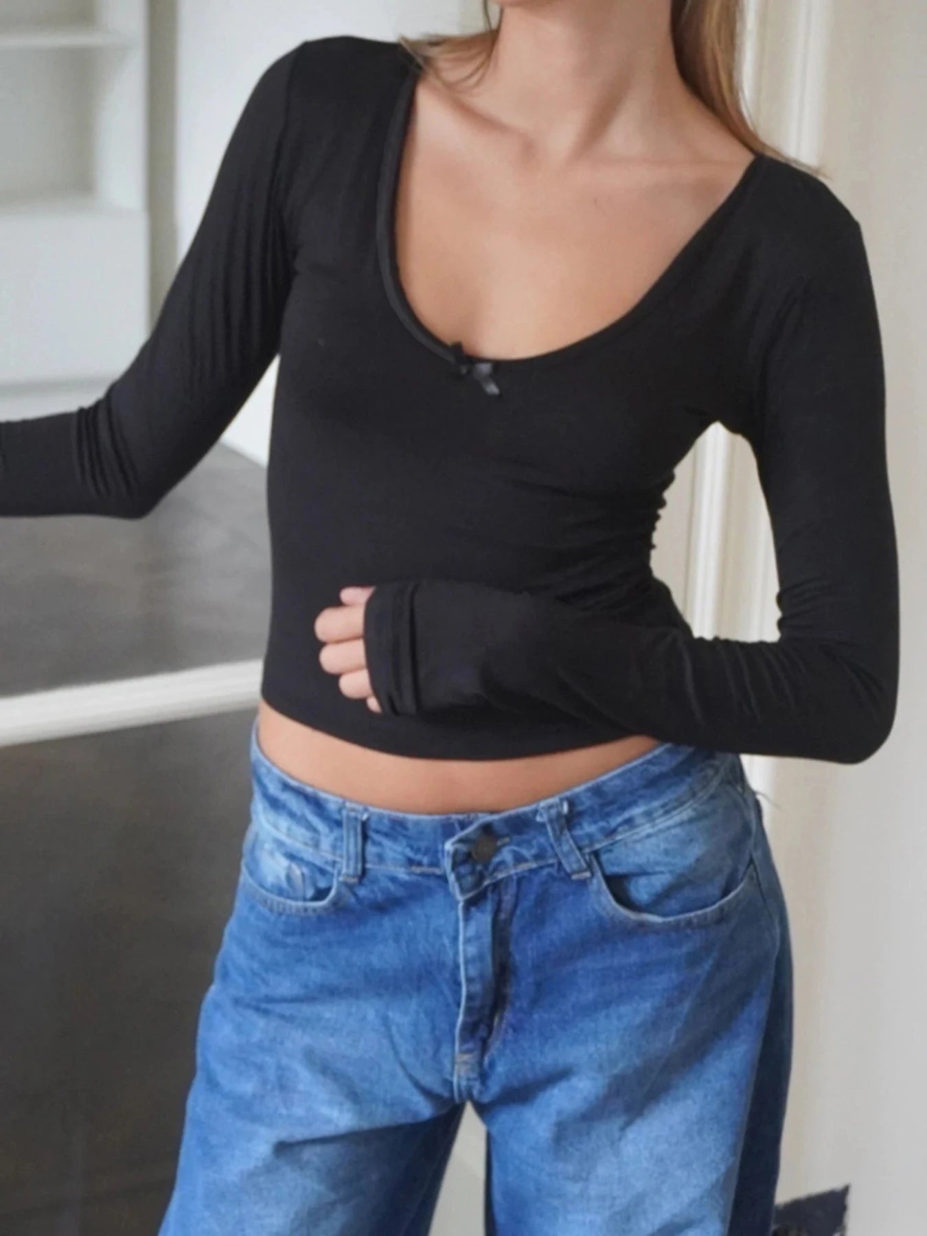 Crewneck Bow Tee Shirt Long Sleeve Slim