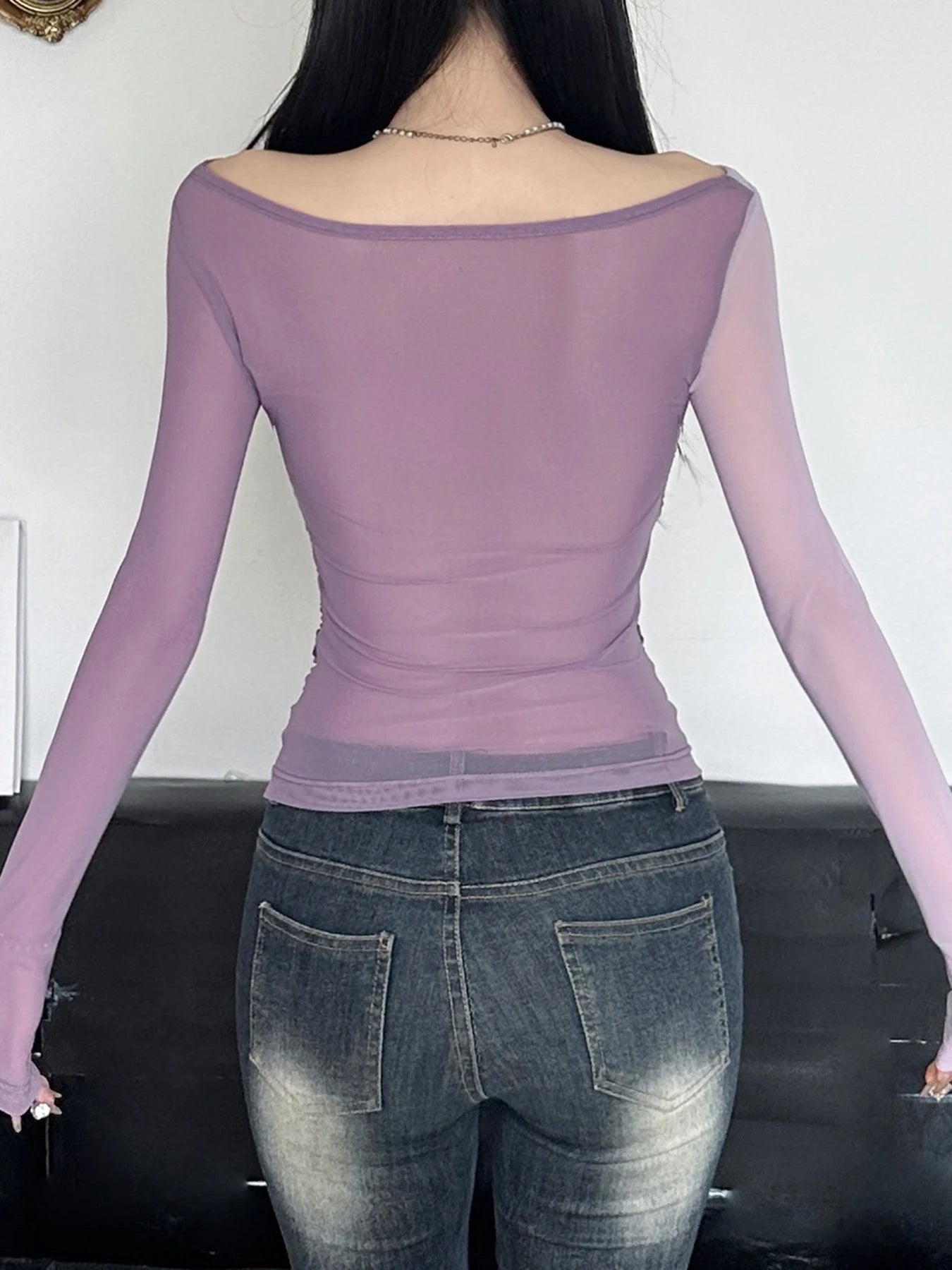 Patchwork Asymmetry Slim Tee Shirts Long Sleeves V-neck 's