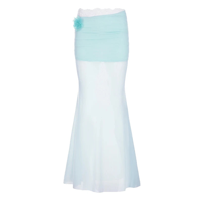 See Through Lace Mesh Skirt Slim Low-Waisted Maxi Skirt