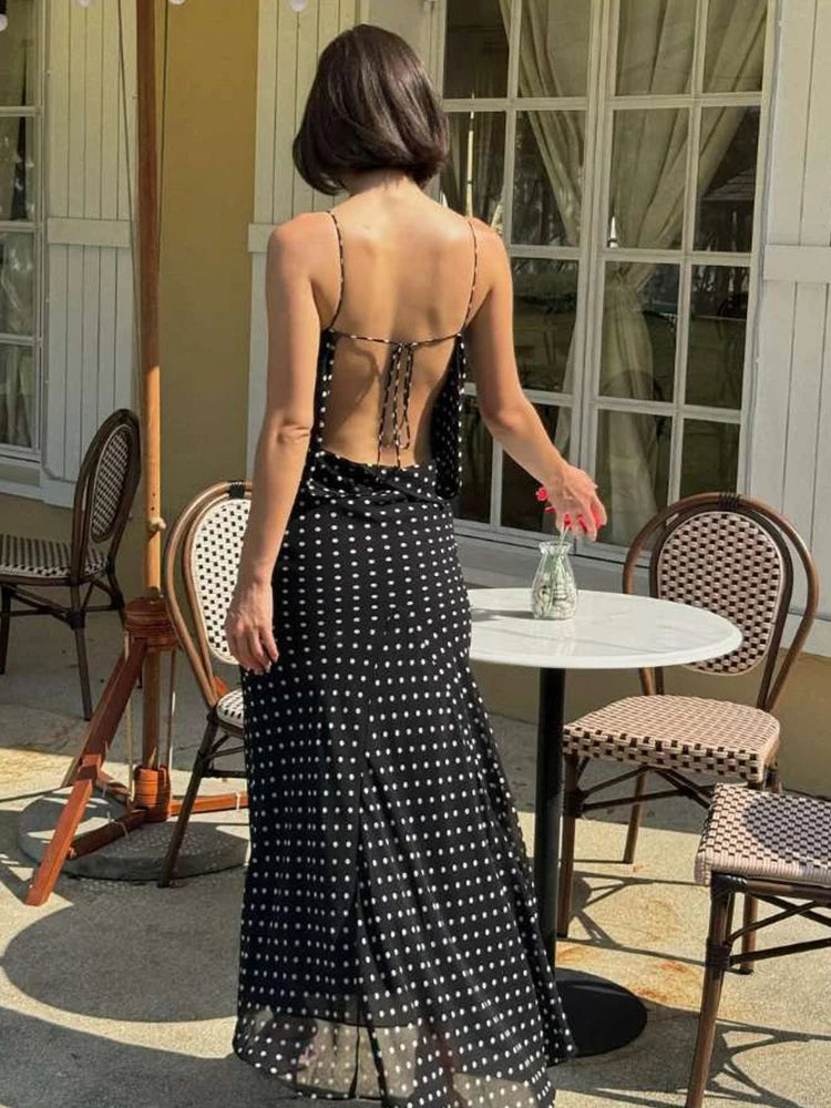 Polka Dot Print Dress Mesh Double Deck Backless V-Neck Street Skinny