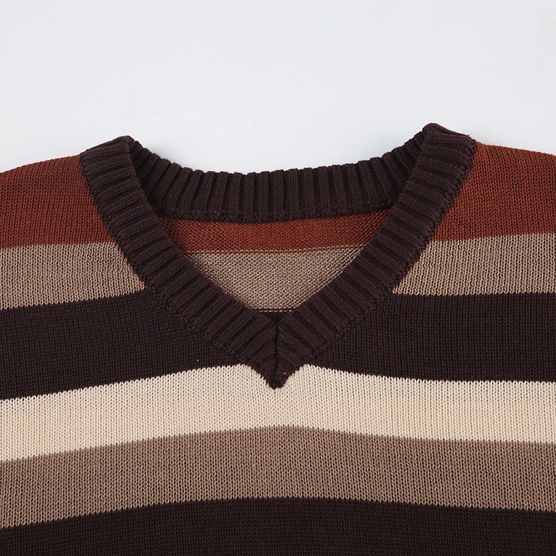 Retro V-neck Striped Sweaters Loose Pullovers Top