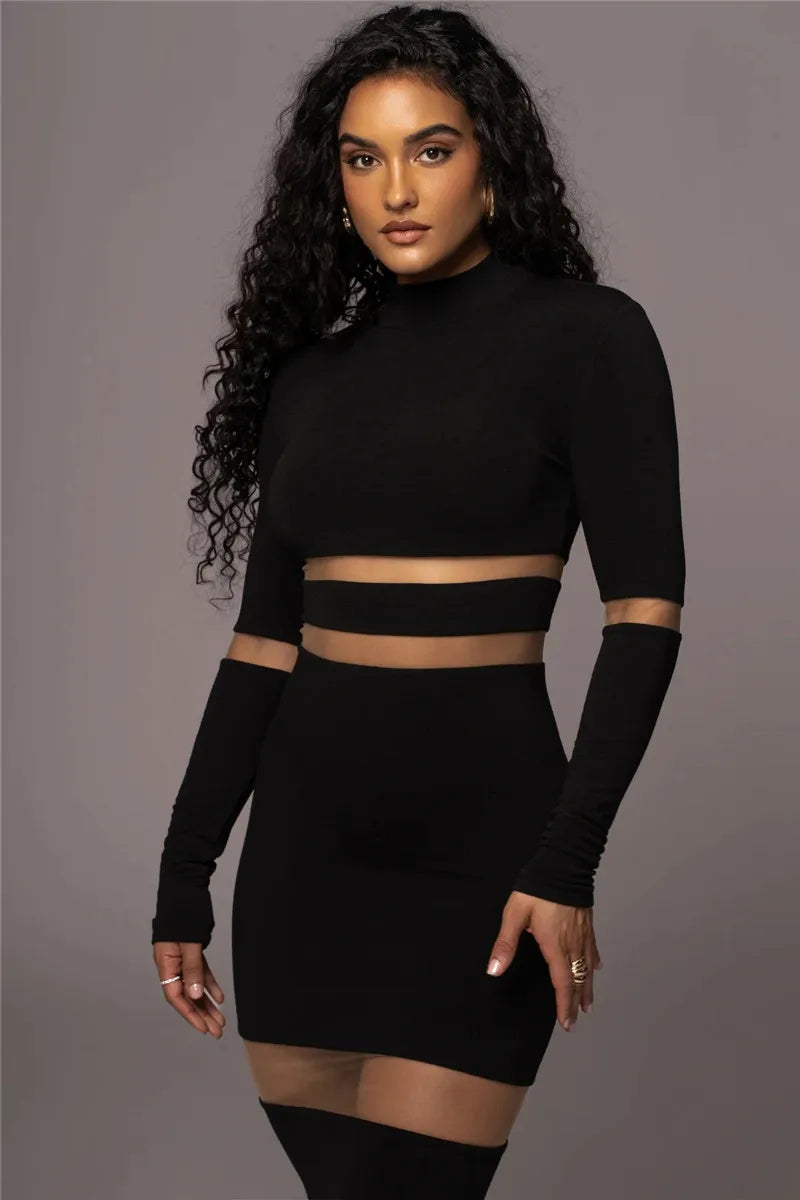 Patchwork Bodycon Midi Dress Turtleneck Long Sleeve Dress