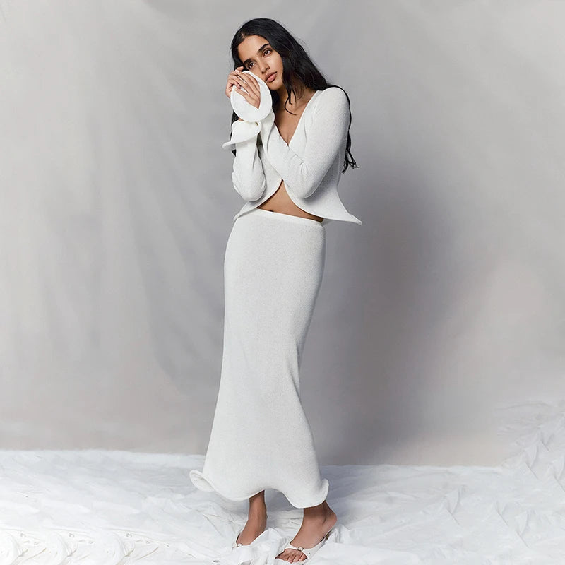 Knitt Skirt Suit Cut Out Cardigan Top Long Slim Skirt Two Piece Set