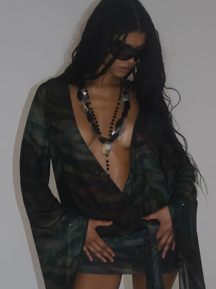 Meh Swinging Neck Cleavage Mini Dress Long Sleeve Backless Aymmetrical Attire