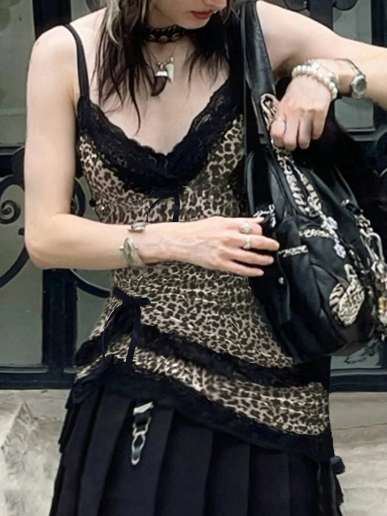 Lace Patchwork Camisole Leopard Print Backless Top V-neck Sleeveless Fairycore