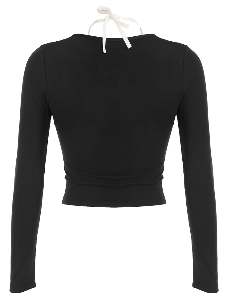 Contrast-color Patchwork Cropped Tshirts Halter Neck Slim 's Long Sleeves Shirts