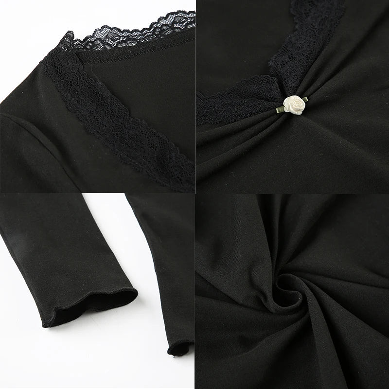 Lace Patchwork Slim Tee Shirt Long Sleeve V-neck Black Top